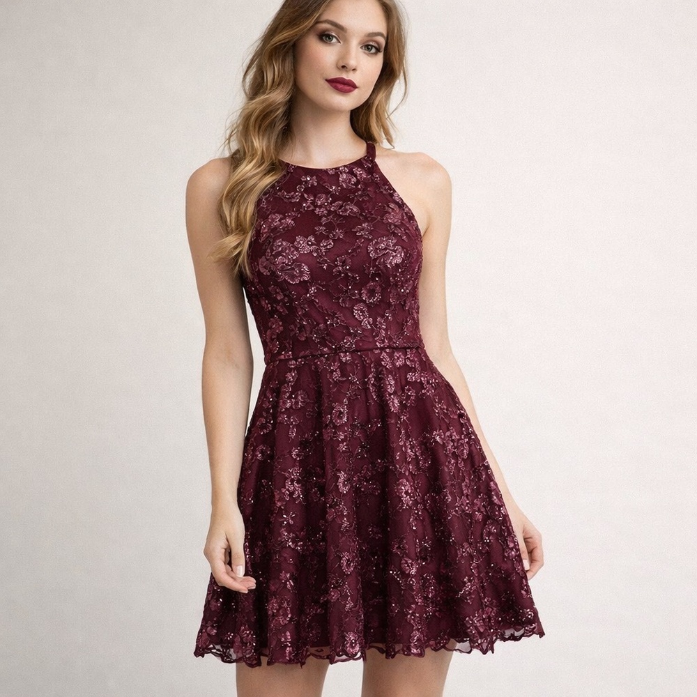 Soieblu Sequin Floral Overlay Dress in Deep Wine, Size Medium